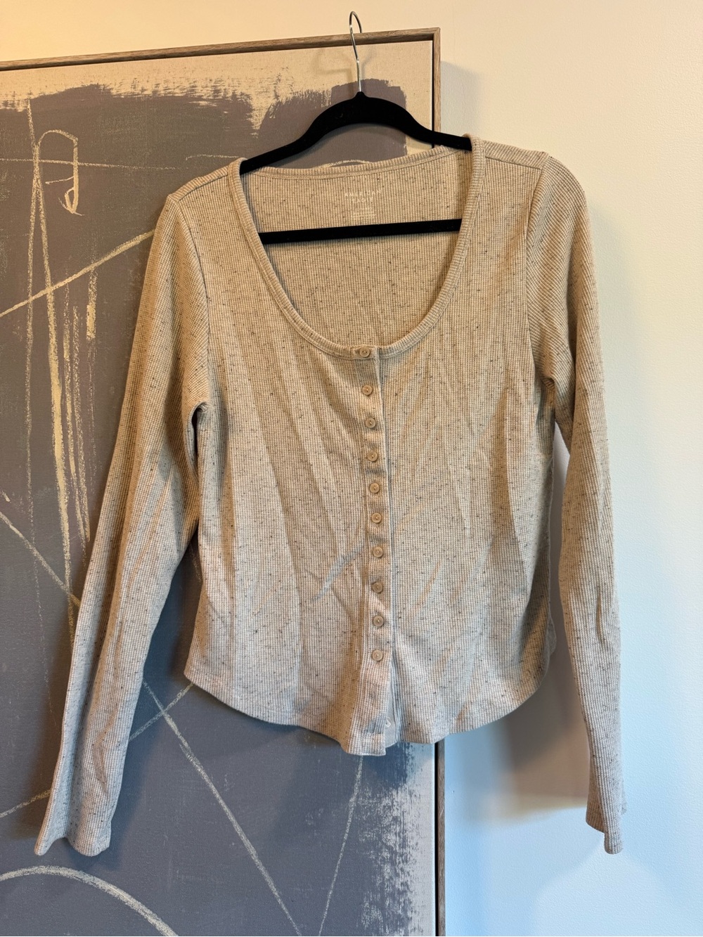 American Eagle Outfitters Beige Ribbed Button-Front Long Sleeve Top